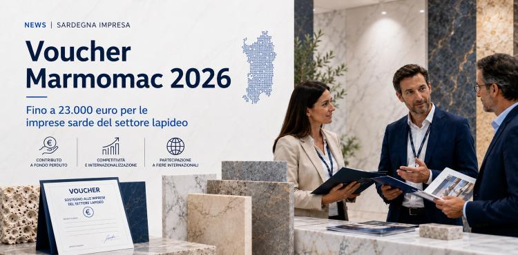 “Voucher Marmomac 2026” La Regione Sardegna concede voucher fino a 23.000 euro alle imprese sarde del settore lapideo per partecipare a Marmomac 2026, fiera internazionale in programma a Verona dal 22 al 25 settembre 2026. Il contributo sostiene costi di partecipazione, stand, viaggio, soggiorno, spedizione materiali e interpreti.